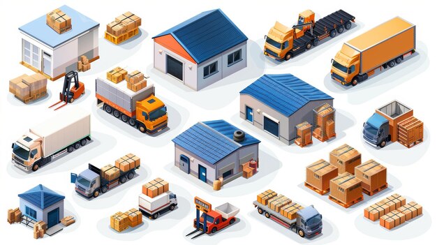 Photo storage industry modern set with trucks forklifts and racks with boxes distribution logistics and cargo delivery concept with warehouse pallet lorry and loader