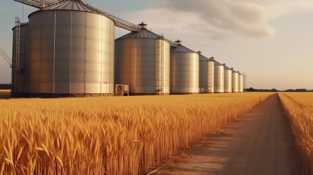 Storage of wheat and grain outside view AI generated