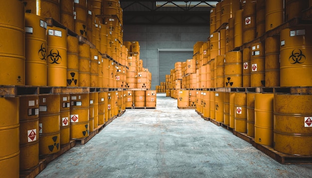 Storage of yellow bins with radioactive and chemical hazard symbol