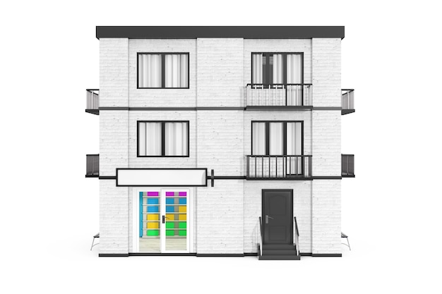 Store in City, Town White Brick House Building on a white background. 3d Rendering