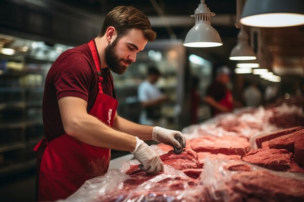 Store Clerk in Apron Arranging Fresh Raw Meat Generative AI