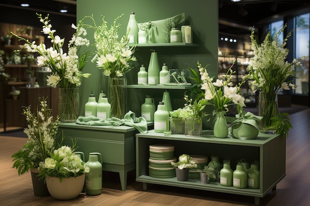 store decoration in green theme inspiration ideas