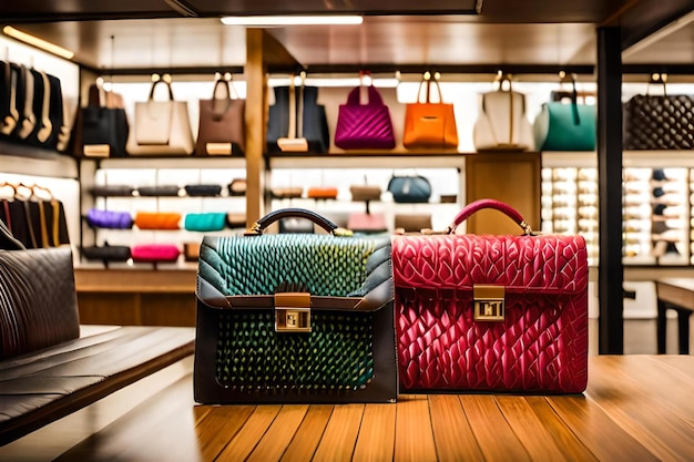 A store display of colorful handbags and bags.