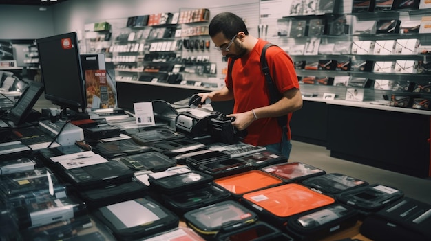 Foto un impiegato del negozio che organizza un'esposizione di gadget elettronici durante il black friday
