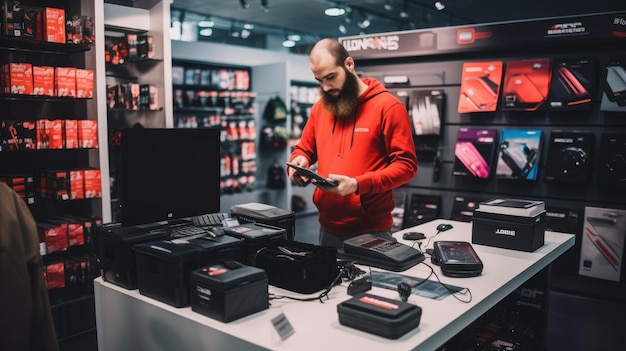 A store employee organizing a display of electronic gadgets on Black Friday