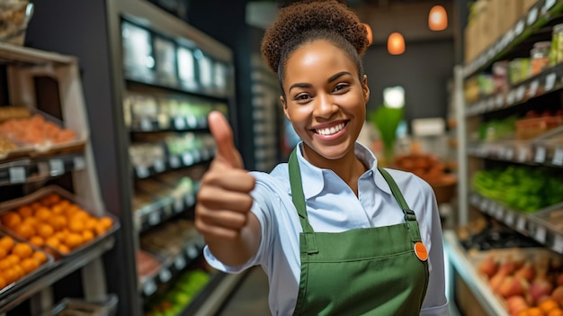 アフリカの女性店員が笑顔で 親指を上げて AIを生成します