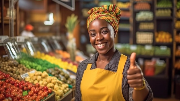 Работница магазина, которая является женщиной и африканкой, улыбается и поднимает большой палец.
