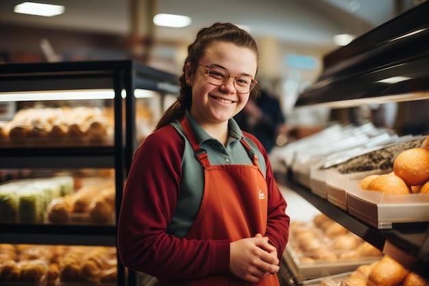Store employee with down syndrome working in a greengrocer selling stuff