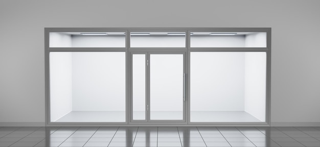 Store front empty illuminated shop or office with glass door and windows Realistic mockup of building interior facade with showcase tiled floor and gray walls room in mall or market 3d render