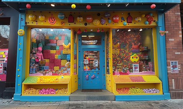 фасад магазина с голубой дверью, на которой написано " конфеты "