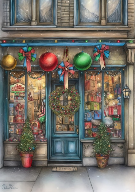 A store front with a blue door and a wreath with a sign that says christmas