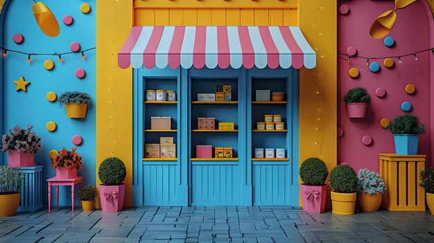 A store front with a colorful display of items on the front of it and a pink and blue door cinema 4