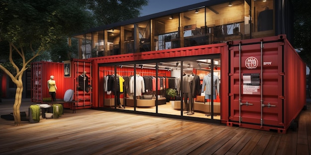 a store front with a red door and a row of clothes on display.