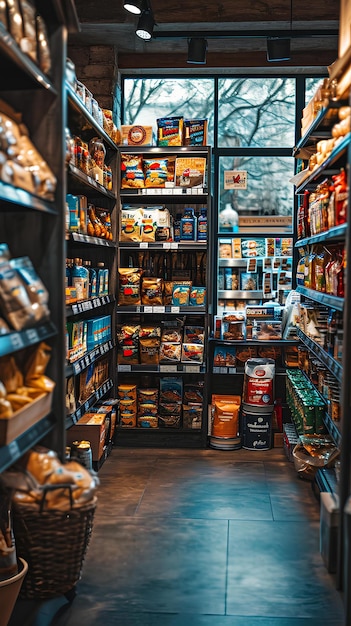 Store has shelves with food and goods