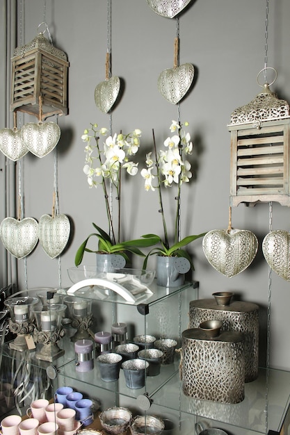 Store interior shelves with home decor products and plants
