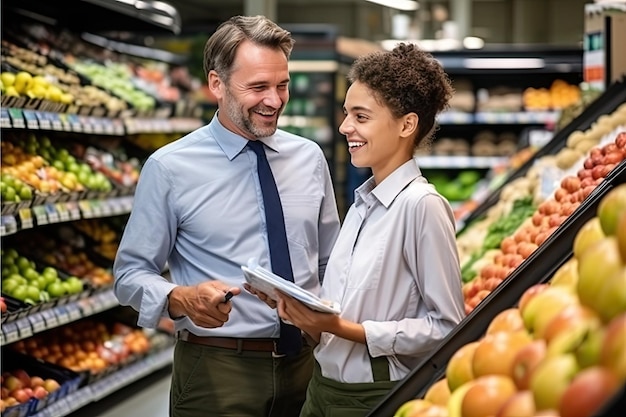 Photo store managers young worker training in supermarket intern in food shop shop inspection sanitary control generative ai illustration