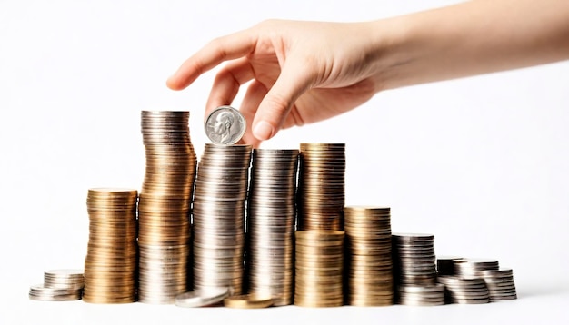 store model with piles of coins isolated on white background