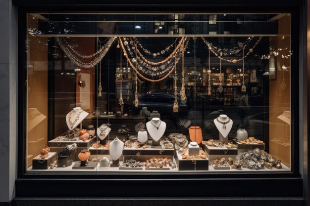 Photo store window display with jewelry shoes and handbags created with generative ai