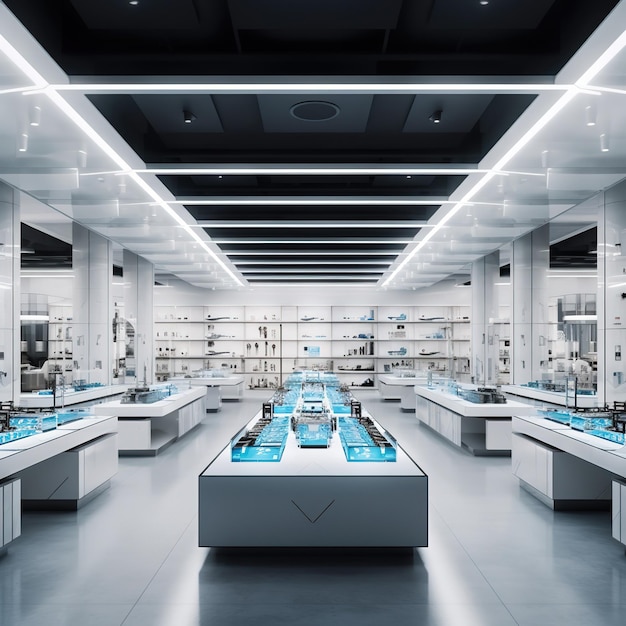 A store with a blue light on the ceiling and a display of items for a shoe store.