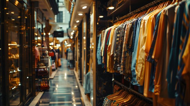 a store with clothes hanging on the wall and a clothes rack with a shirt on it