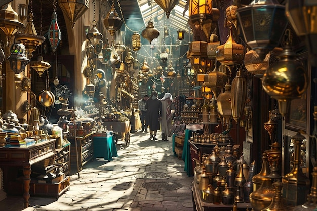 Photo a store with a lot of items on the floor and a man walking in the background