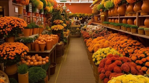 A store with oranges and flowers on display