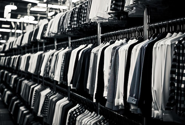 a store with shirts hanging from racks in the style of back button focus