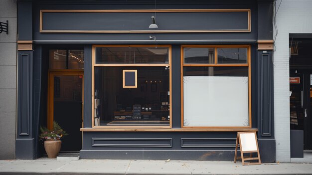 Photo a storefront with large windows and a blank signboard