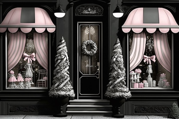 A storefront with a pink bow and trees with a pink bow.