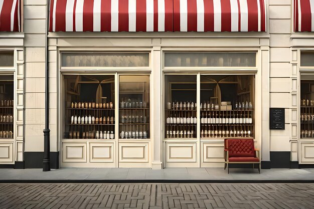 A storefront with a red and white awning and a red chair.