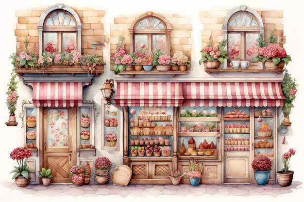 A storefront with a window and a shelf with flowers on it