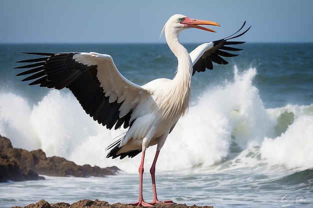 Stork aan de kust van de oceaan