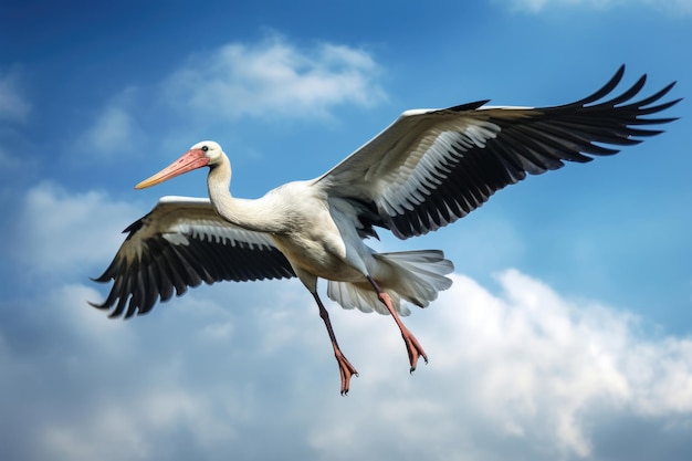 Stork in flight on blue sky