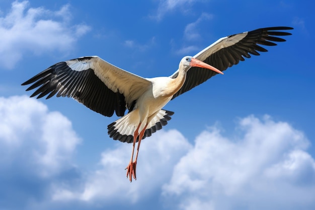 Stork in flight on blue sky