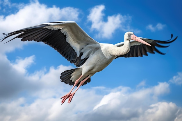 Stork in flight on blue sky