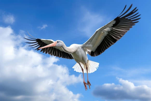 Stork in flight on blue sky