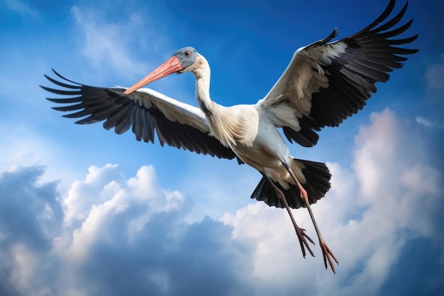 Stork in flight on blue sky