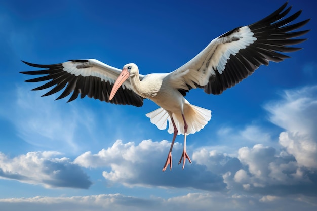 Stork in flight on blue sky