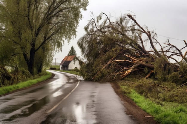 Storm aftermath with a tree obstructing a rural road created with generative ai
