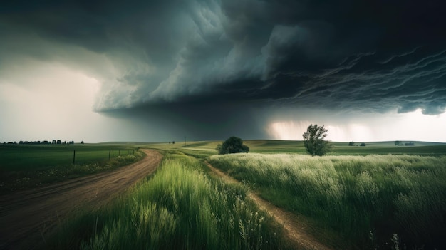 A storm approaches a dirt road in a field