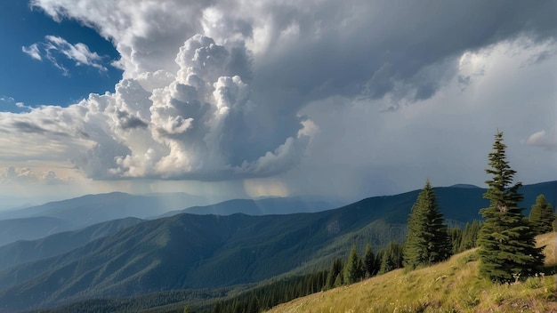 Storm approaching over lush mountain range