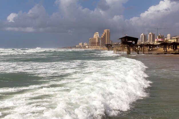 Storm on the beach in Haifa Israel