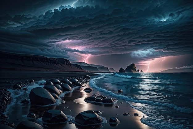 A storm on the beach with a lightning storm in the background