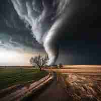 Photo a storm cloud over a field and a house with a tree in the middle