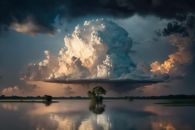地平線上に木がある湖の上の嵐の雲