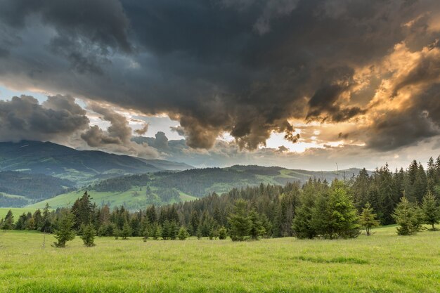 Storm clouds over the mountains and green meadows during sunset