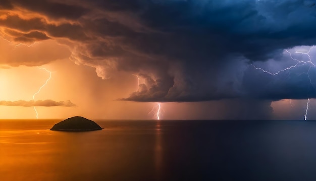 Storm clouds with lightning over a calm sea at sunset with a small landmass on the left side