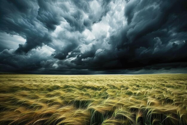 Storm dark clouds over field with grass dark clouds