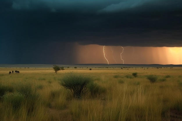 A storm in the desert with a thunderstorm in the background