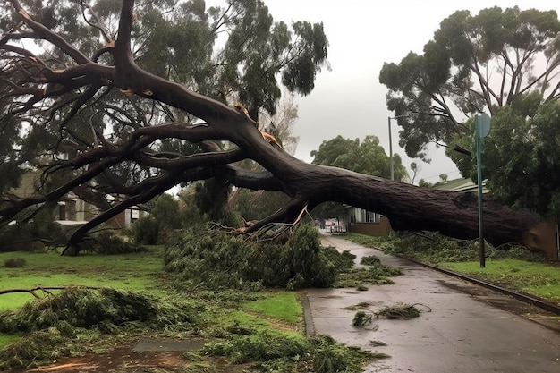 A storm fells trees fallen on the road Ai generated